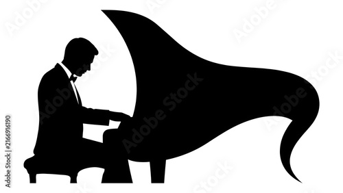 Silhouette of man playing piano white background.