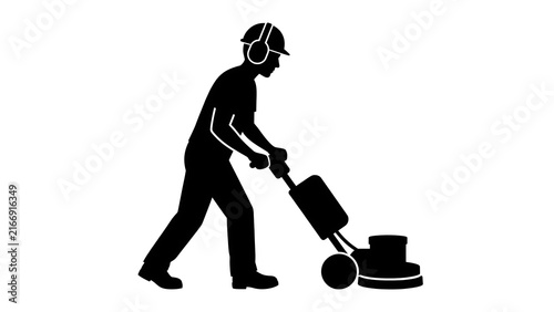 Worker using floor polisher on white background.