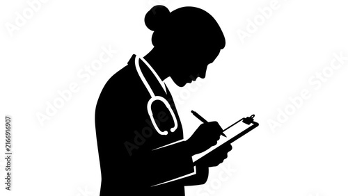 Doctor writing on clipboard white background.