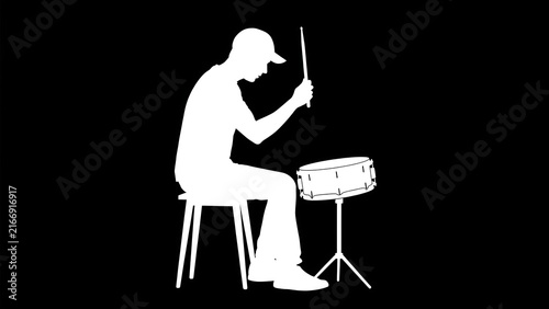 Drummer playing snare drum on white background.