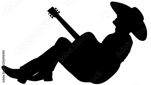 Silhouette of cowboy with guitar on white background.