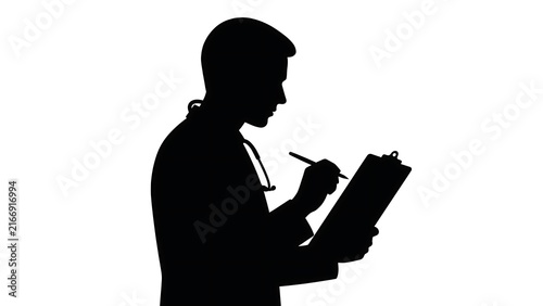 Silhouette of doctor writing on clipboard white background.