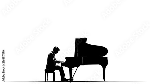 Silhouette of pianist at grand piano white background.