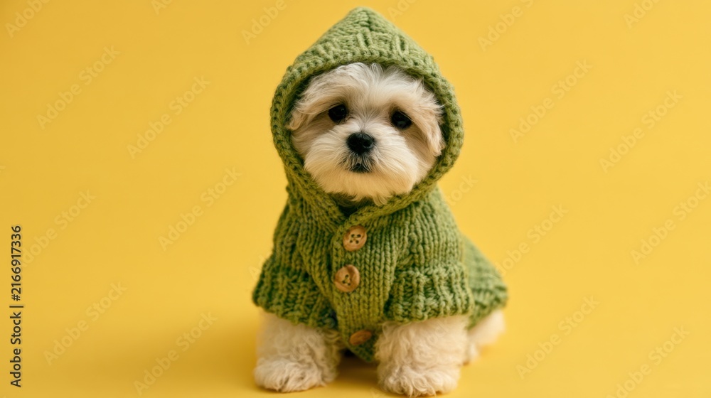 Fototapeta premium Small white puppy sitting on yellow background wearing green knitted hoodie with buttons adorable and cozy pet fashion concept
