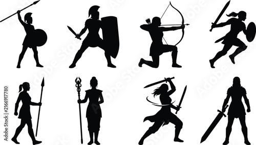 Foto Ancient warrior silhouettes, female fighters, archers, and mage character vector