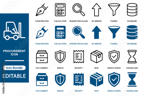 Procurement icon bundle featuring flat line drawings on a white background