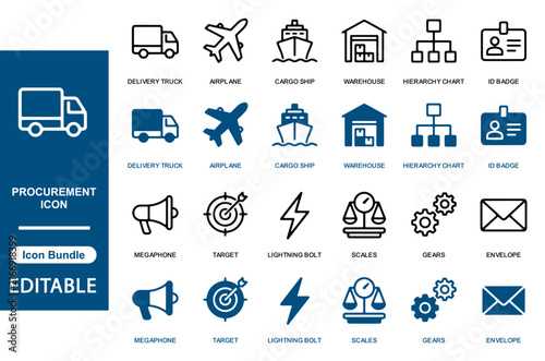 Procurement icon bundle featuring delivery truck airplane and warehouse symbols