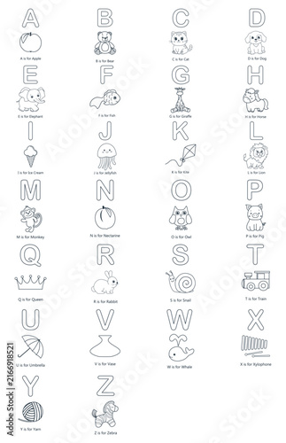 Alphabet letters and cute characters. ABC lettering Set for Kids Coloring Page, Preschool Education, Classroom Materials, Nursery Decor, Learning Activities, Worksheets, Posters, Children’s projects. 