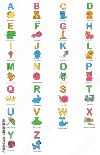 Alphabet letters and cute characters. Colorful ABC lettering Set for Kids, Preschool Education, Classroom Materials, Nursery Decor, Learning Activities, Worksheets, Posters, Children’s projects. Vecto