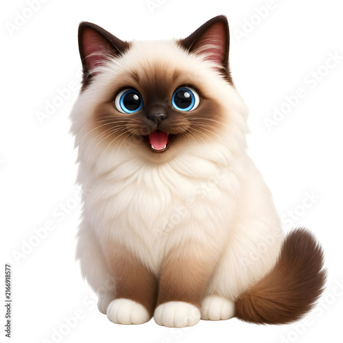 International Cat Day features a fluffy ragdoll kitten with bright blue eyes smiling happily.
