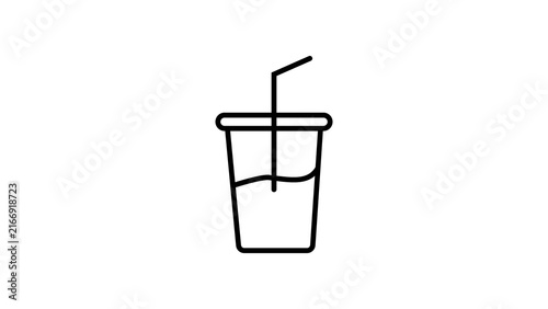 Fotografie Black outline soda drink cup icon with straw isolated on white background