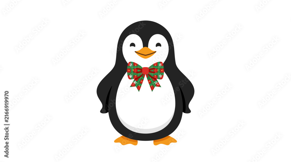 Fototapeta premium Cute Penguin with Christmas Bow Tie Vector Illustration