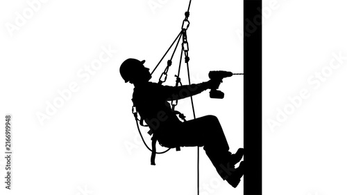 Fototapeta kuchenna Construction worker using drill on pole white background.