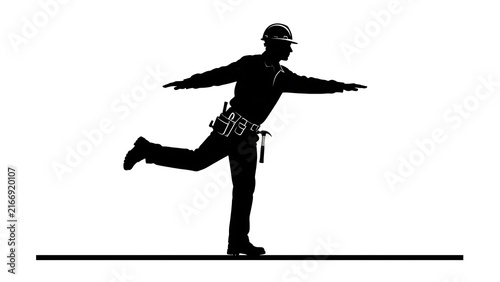 Obraz w ramie Silhouette of a man walking on a tightrope white background.