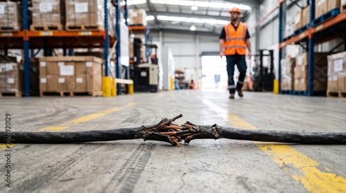 Frayed electrical cable on warehouse floor with worker walking behind