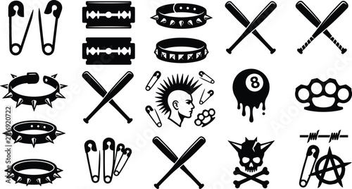Set of punk rock vector icons with spiked collars, safety pins, skulls, and baseball bats