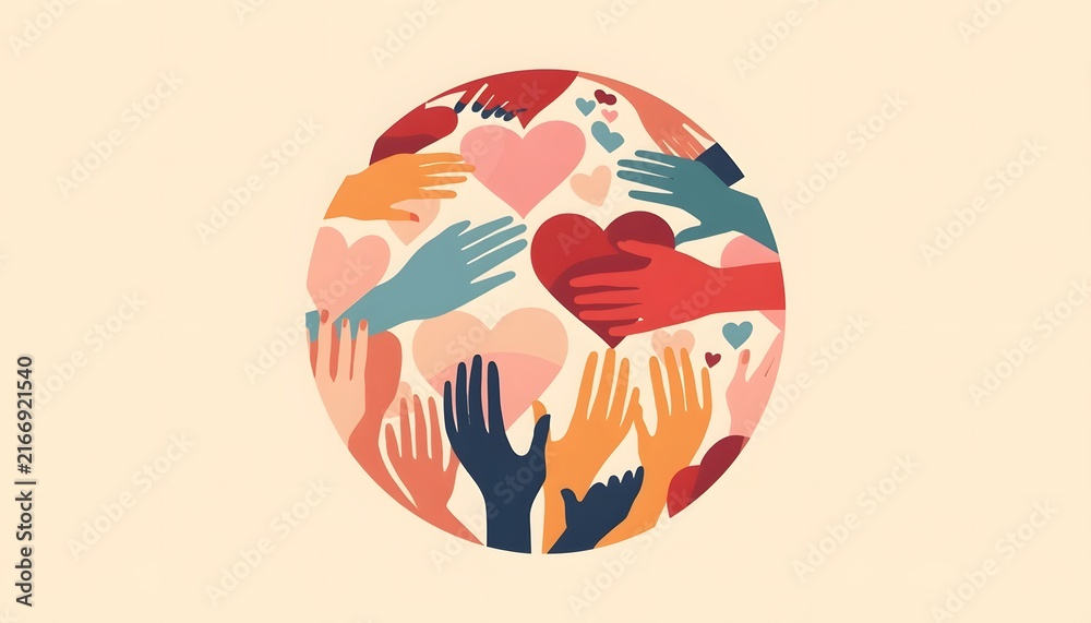 Obraz premium Diverse hands reaching towards hearts and globe representing unity and support.