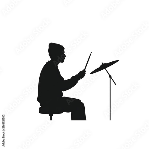 Drummer silhouette playing cymbals white background.