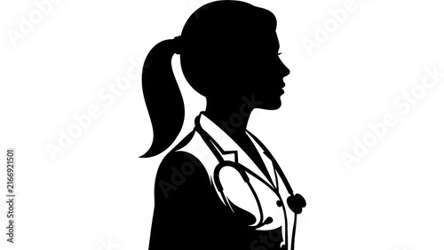 Female doctor silhouette with stethoscope white background.
