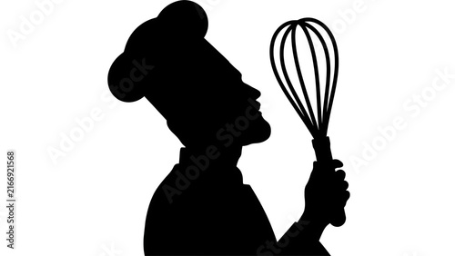 Silhouette of chef with whisk on white background.