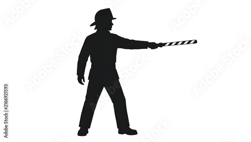 Silhouette of firefighter directing traffic white background.