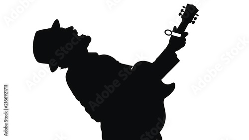 Silhouette of musician playing guitar white background.