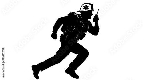 Silhouette of paramedic running with medical bag white background.