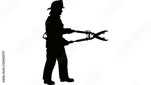 Silhouette of person holding large scissors white background.