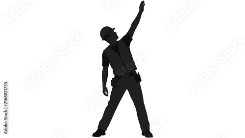 Silhouette of person pointing up white background.