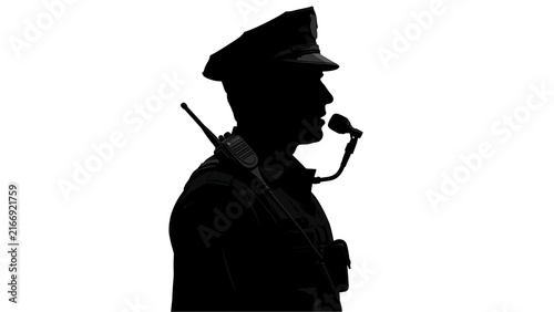 Silhouette of police officer with whistle white background.