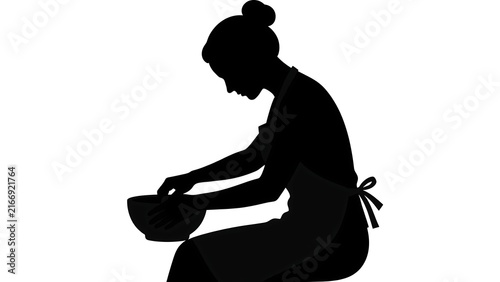 Silhouette of woman holding bowl white background.