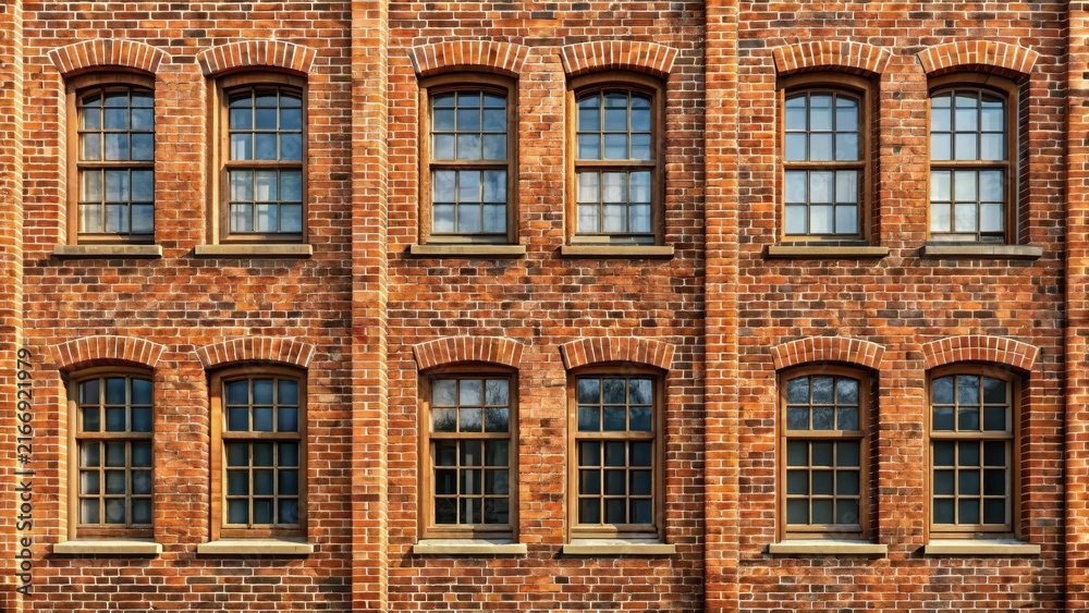 Fototapeta premium Old brick wall showing multiple windows on building facade architectural detail background
