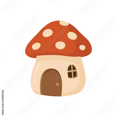 Quadro su tela Whimsical mushroom house with a red spotted cap, cream colored walls, small wind