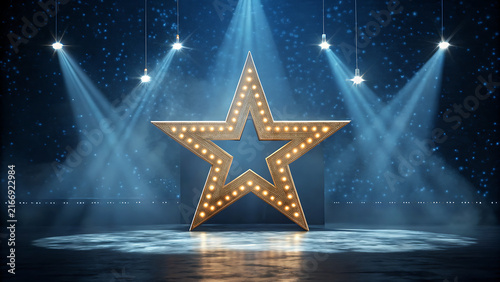 Illuminated star stage background with bright spotlights and theatrical lighting effects.