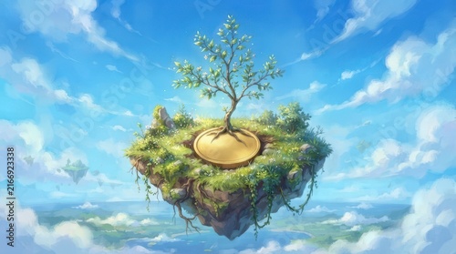 Floating Isolated Tree on a Lush Green Island Surrounded by Bright Blue Sky and Soft White Clouds