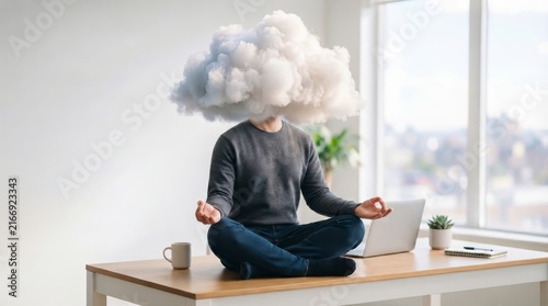 Man Meditating With Cloud As Head Sitting Cross Legged On Desk In Modern Home Office Environment