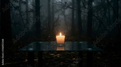 Candle Flame Illuminating A Glass Table In A Dark Misty Forest Scene At Dusk