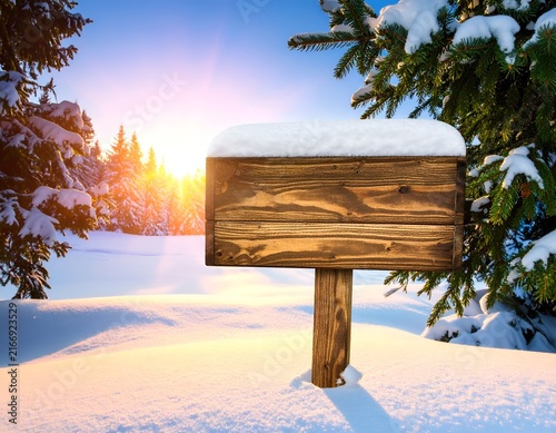 Empty wooden sign under snow in a sunlit forest.