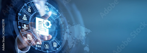 File organization. Clerk hand touch virtual dashboard screen analyzing Document Management file archives and cloud storage security. Data efficiency, innovation and futuristic digital interface.