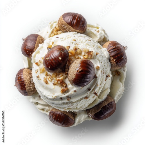 Korean chestnut ice cream with roasted chestnut topping isolated on white background