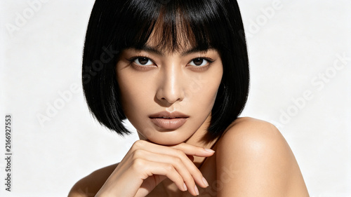 A stunning close-up portrait of a woman with a sleek black bob and bangs, featuring soft neutral makeup and a graceful pose against a white backdrop.