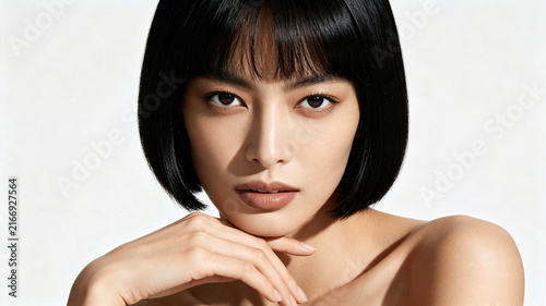 A close-up portrait of a woman with a sleek black bob haircut and bangs, featuring neutral makeup and a clean white background.