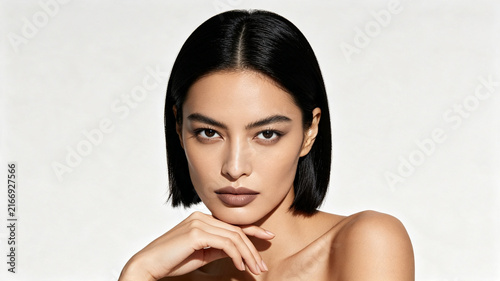 Close-up studio portrait of a woman with short black hair, matte brown lipstick, and clear skin, posing gracefully against a white background.