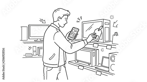 Man Shopping for Electronics in a Store Holding a Smartphone and Price Tag