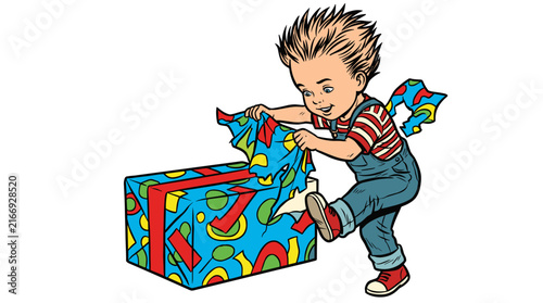 Young Boy Unwrapping Colorful Birthday Present with Excitement
