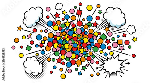 Colorful Explosion of Shapes and Clouds in Comic Book Style