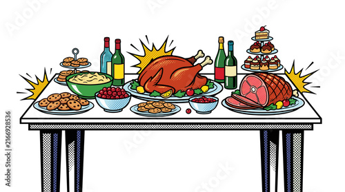 Holiday Feast Table With Turkey Ham And Desserts