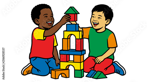 Two happy young boys of different ethnicities building a colorful tower with blocks