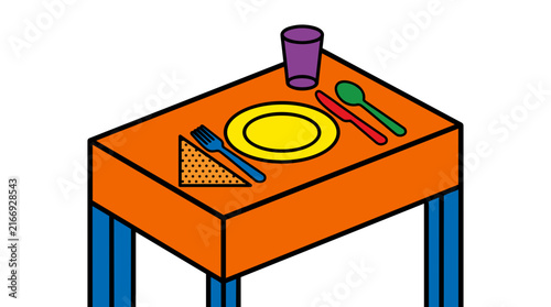 Simple illustration of a table setting with a sandwich and drink