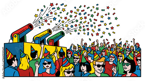 People Celebrating With Confetti Cannons and Party Hats